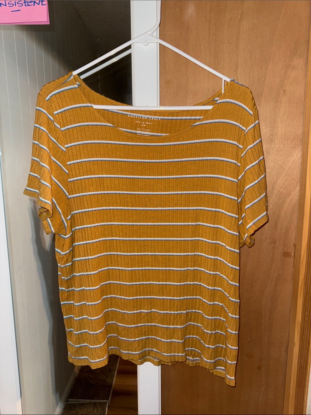 American Eagle Outfitters Mustard and White Striped Ribbed Short Sleeve Tee